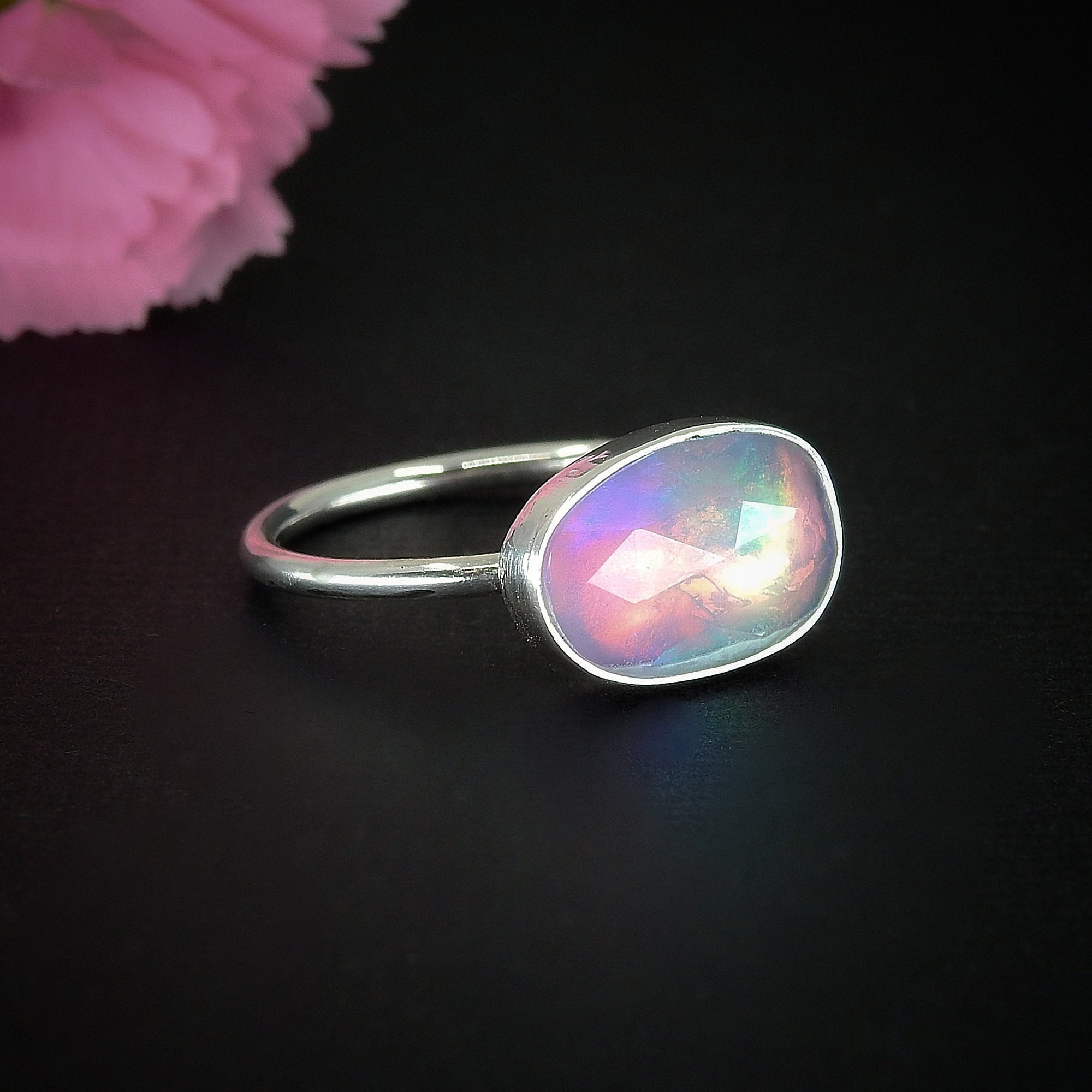 Rose Cut Clear Quartz & Aurora Opal Ring - Size 8 