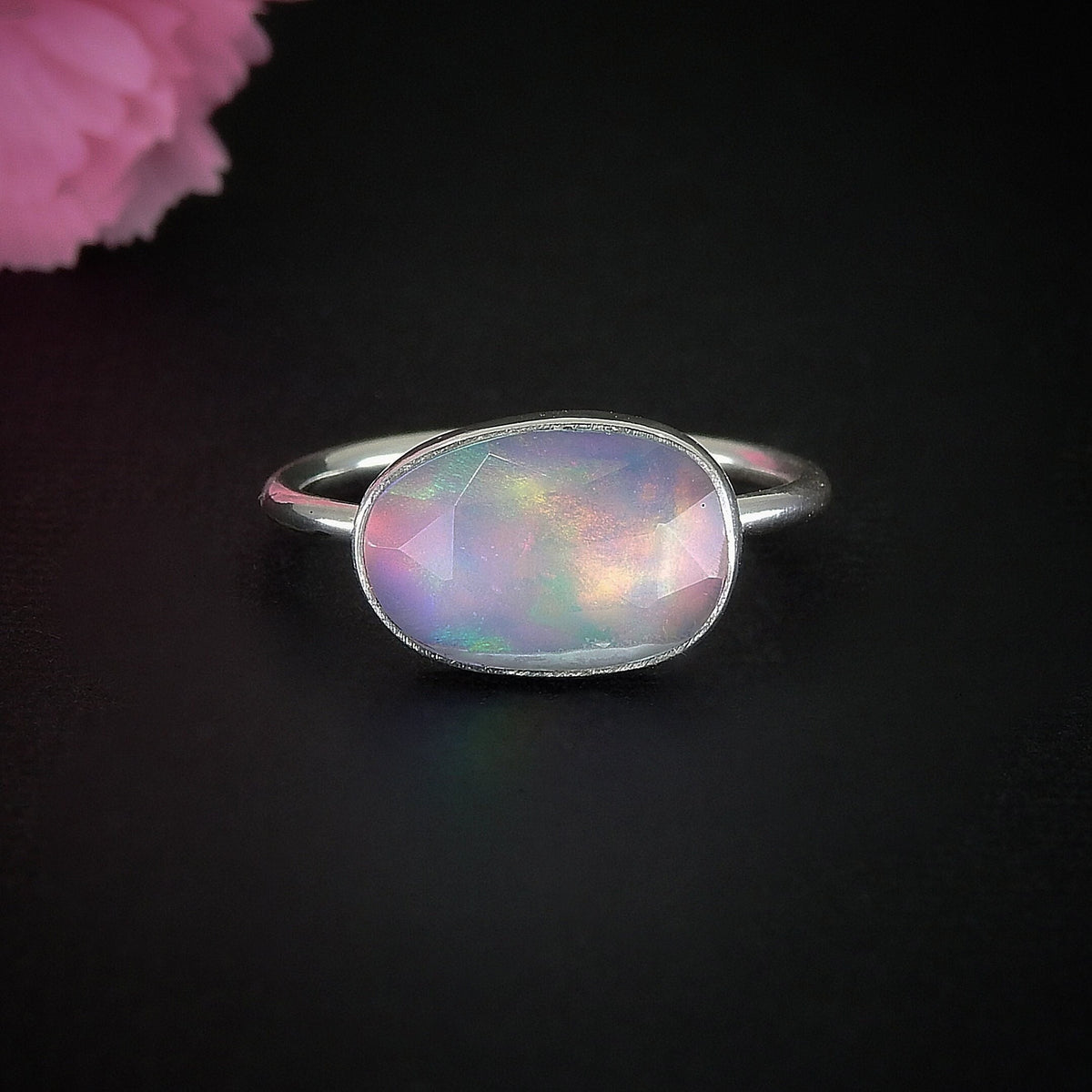 Rose Cut Clear Quartz & Aurora Opal Ring - Size 8 