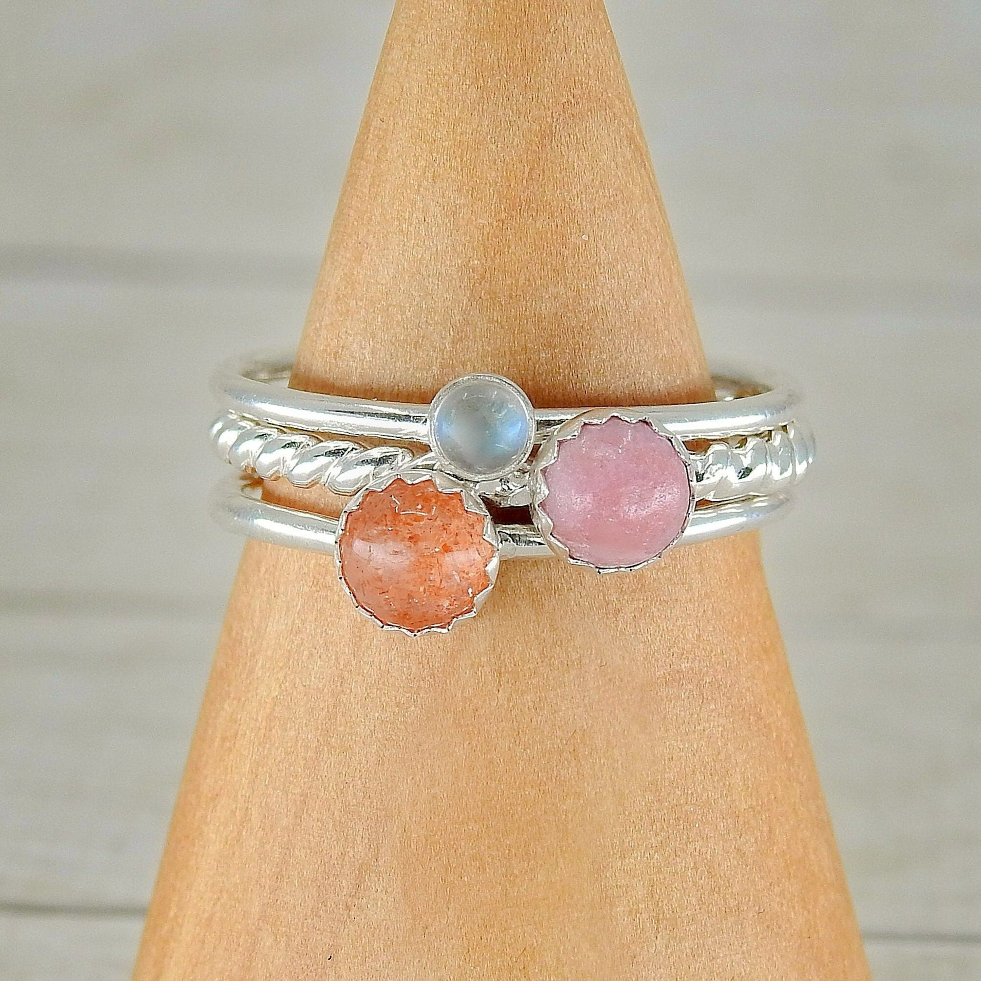 The Venus Ring Stack of Confidence & Self Love - Sterling Silver, Made to Order Stacking Ring, Moonstone Ring, Rhodonite Ring, Sunstone Ring