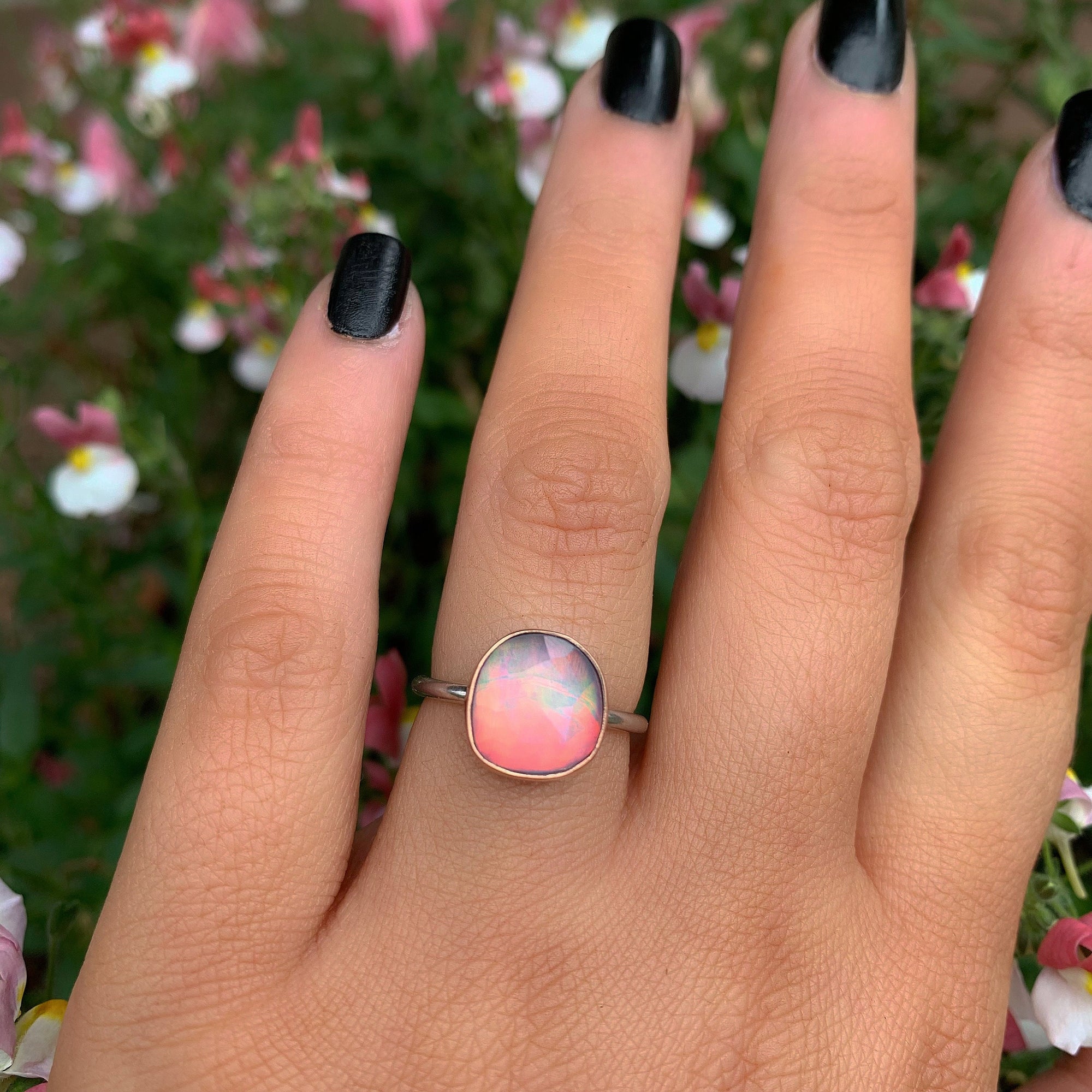 Rose Cut Clear Quartz & Aurora Opal Ring - Size 6 
