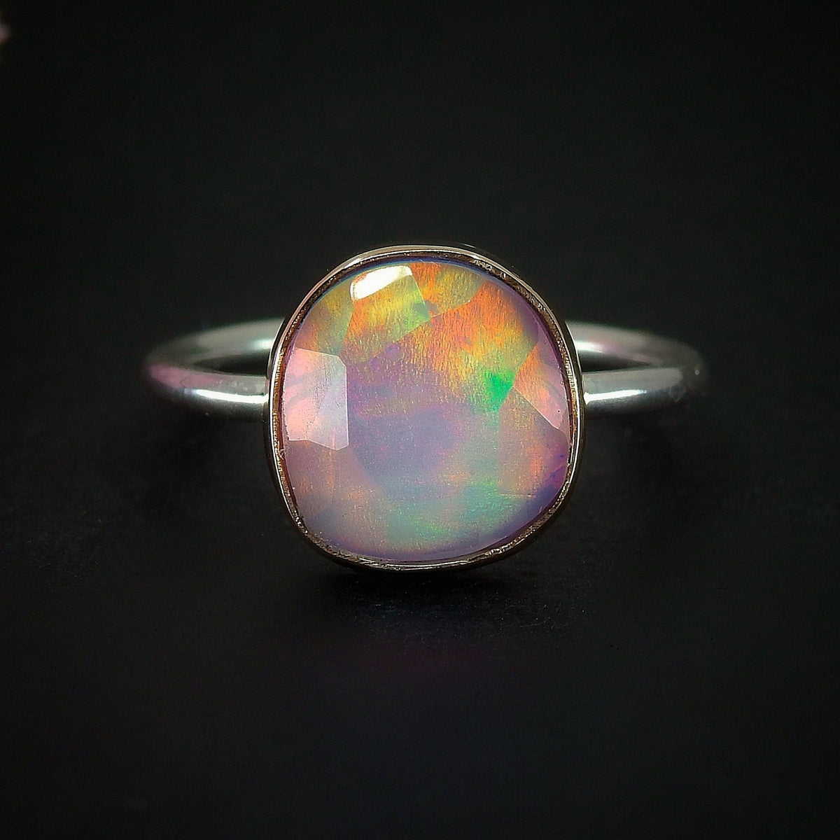 Rose Cut Clear Quartz & Aurora Opal Ring - Size 6 