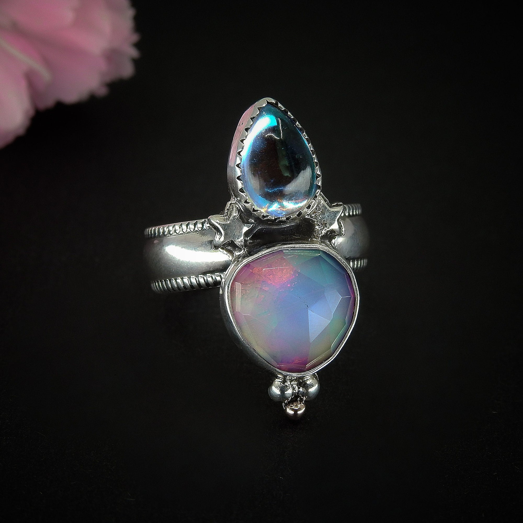 Rose Cut Clear Quartz with Aurora Opal & Angel Aura Quartz Ring - Size 6 1/4 to 6 1/2 