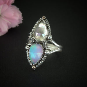 Rose Cut Clear Quartz with Aurora Opal & Angel Aura Quartz Ring - 10 