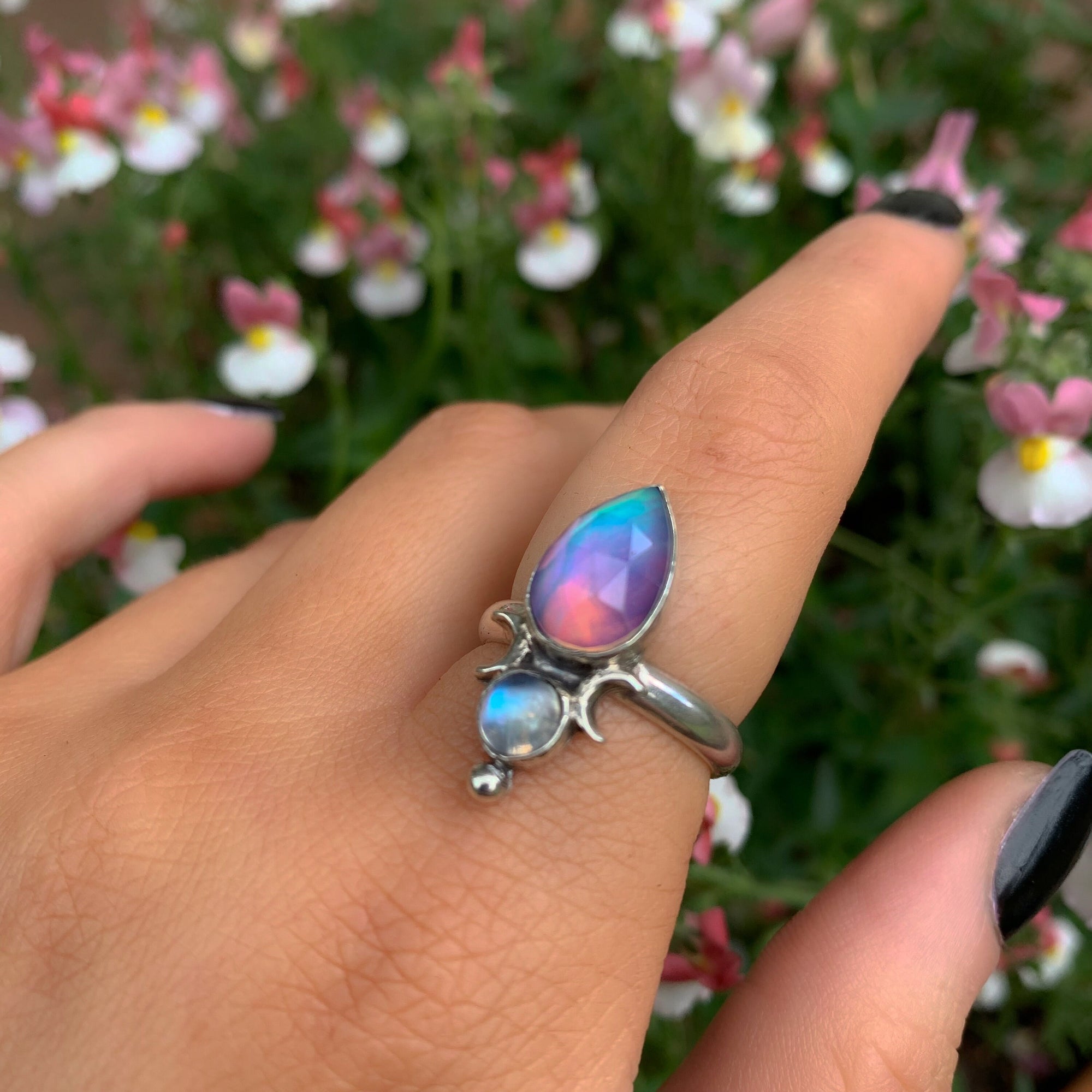 Rose Cut Clear Quartz with Aurora Opal & Moonstone Ring - Size 7 1/4 