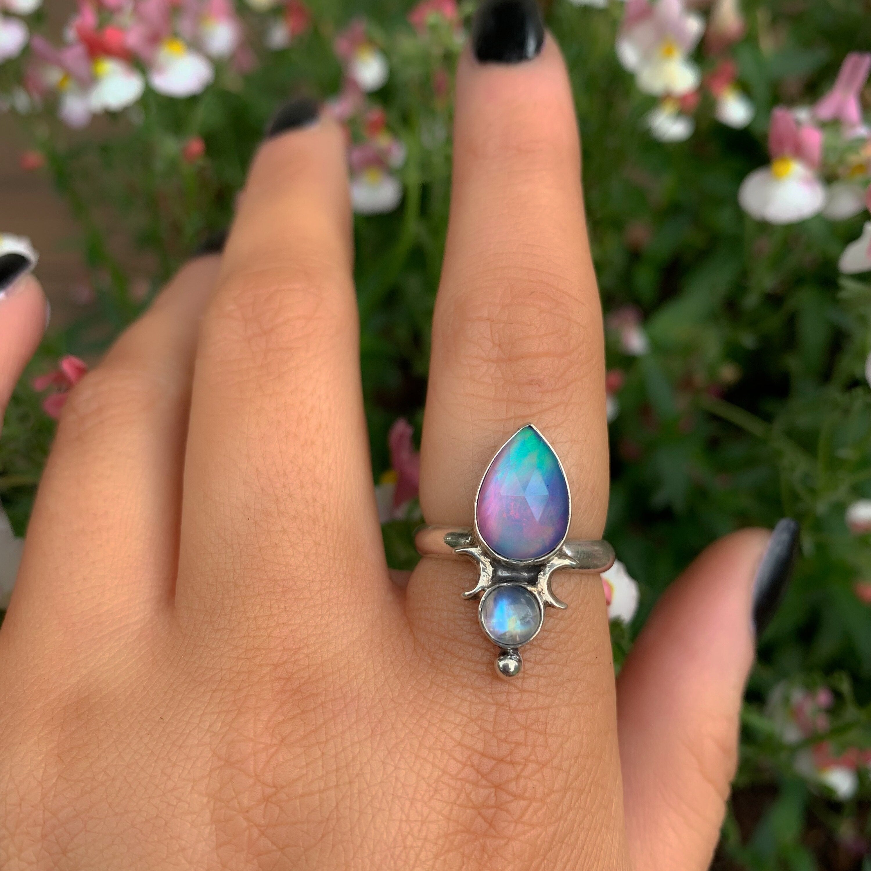 Rose Cut Clear Quartz with Aurora Opal & Moonstone Ring - Size 7 1/4 