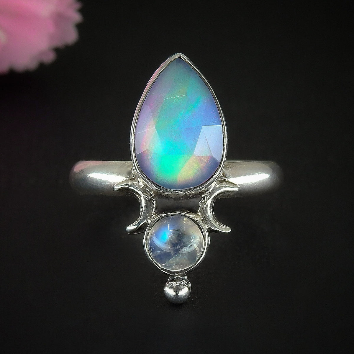 Rose Cut Clear Quartz with Aurora Opal & Moonstone Ring - Size 7 1/4 