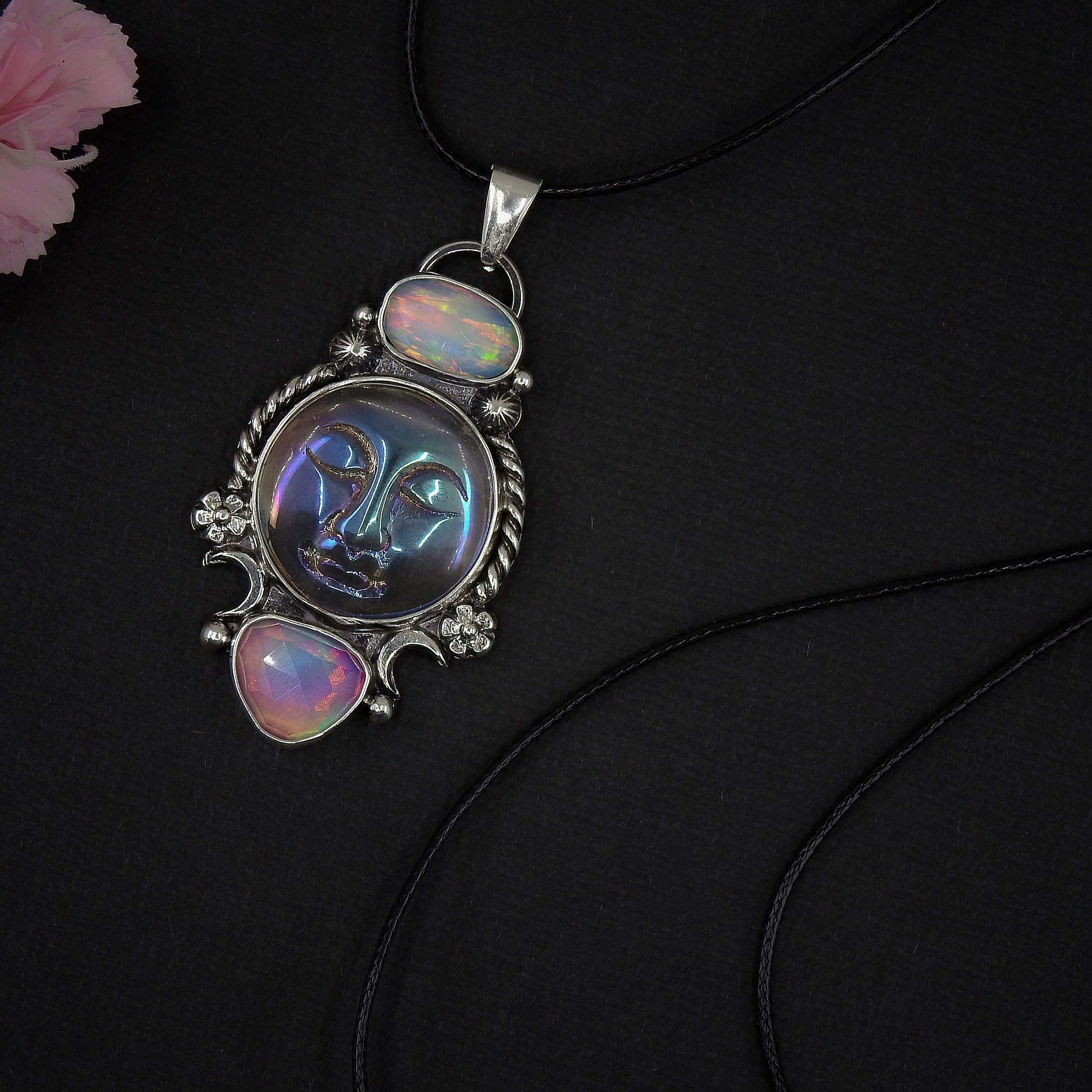 Rose Cut Clear Quartz with Aurora Opal & Angel Aura Quartz Pendant - Sterling Silver 