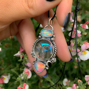 Rose Cut Clear Quartz with Aurora Opal & Angel Aura Quartz Pendant - Sterling Silver 