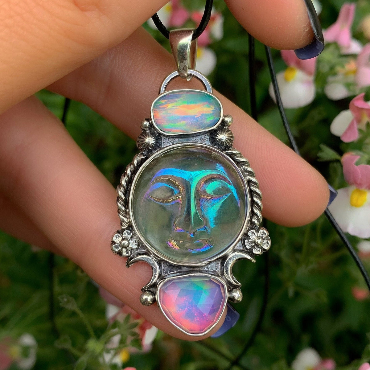 Rose Cut Clear Quartz with Aurora Opal & Angel Aura Quartz Pendant - Sterling Silver 