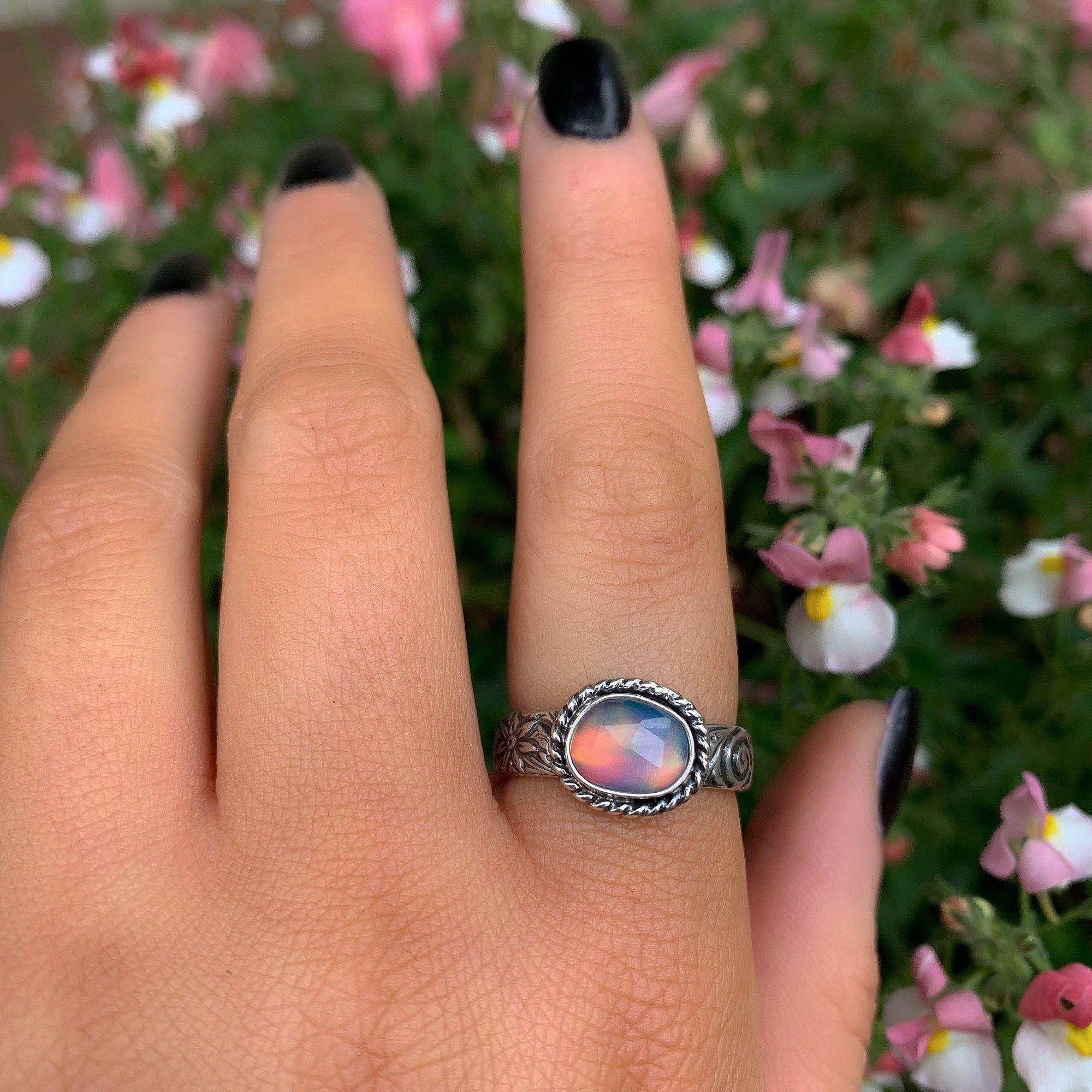 Rose Cut Clear Quartz & Aurora Opal Ring - Size 8 1/4 