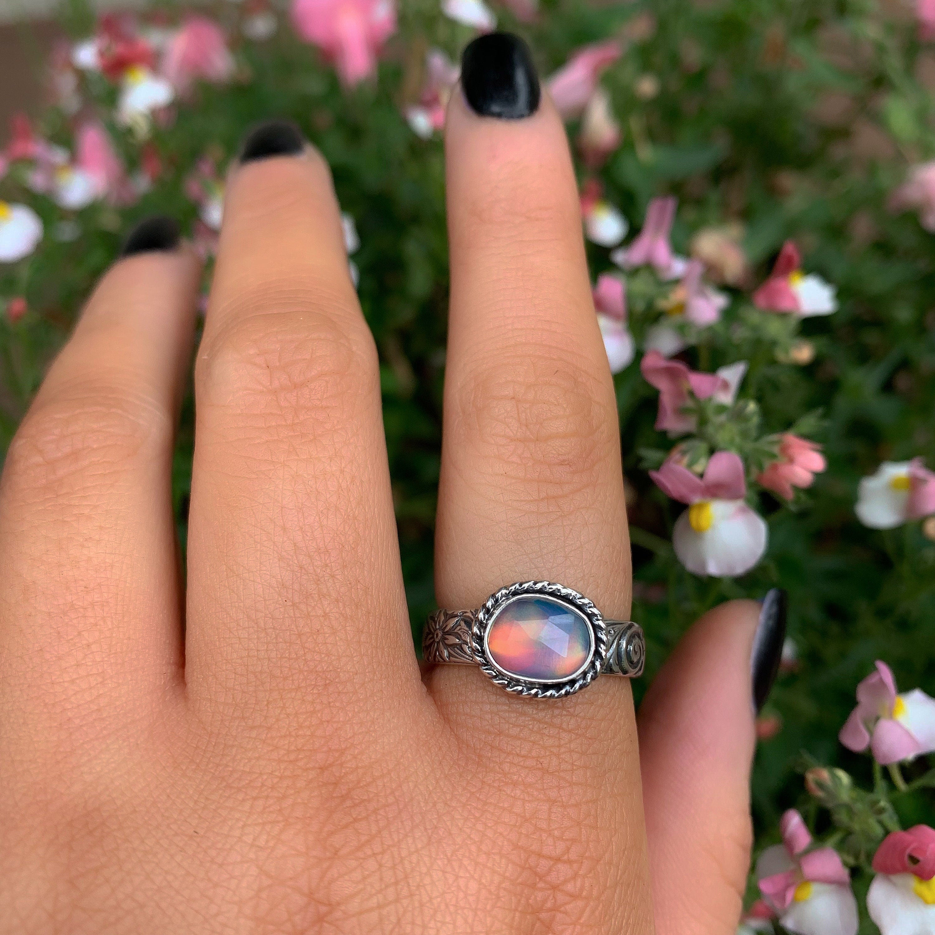 Rose Cut Clear Quartz & Aurora Opal Ring - Size 8 1/4 