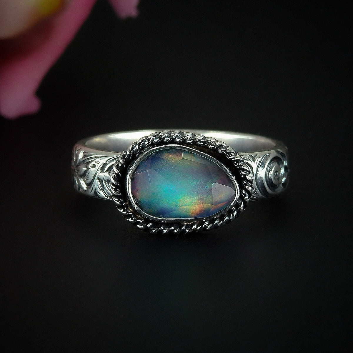 Rose Cut Clear Quartz & Aurora Opal Ring - Size 10 to 10 1/4 