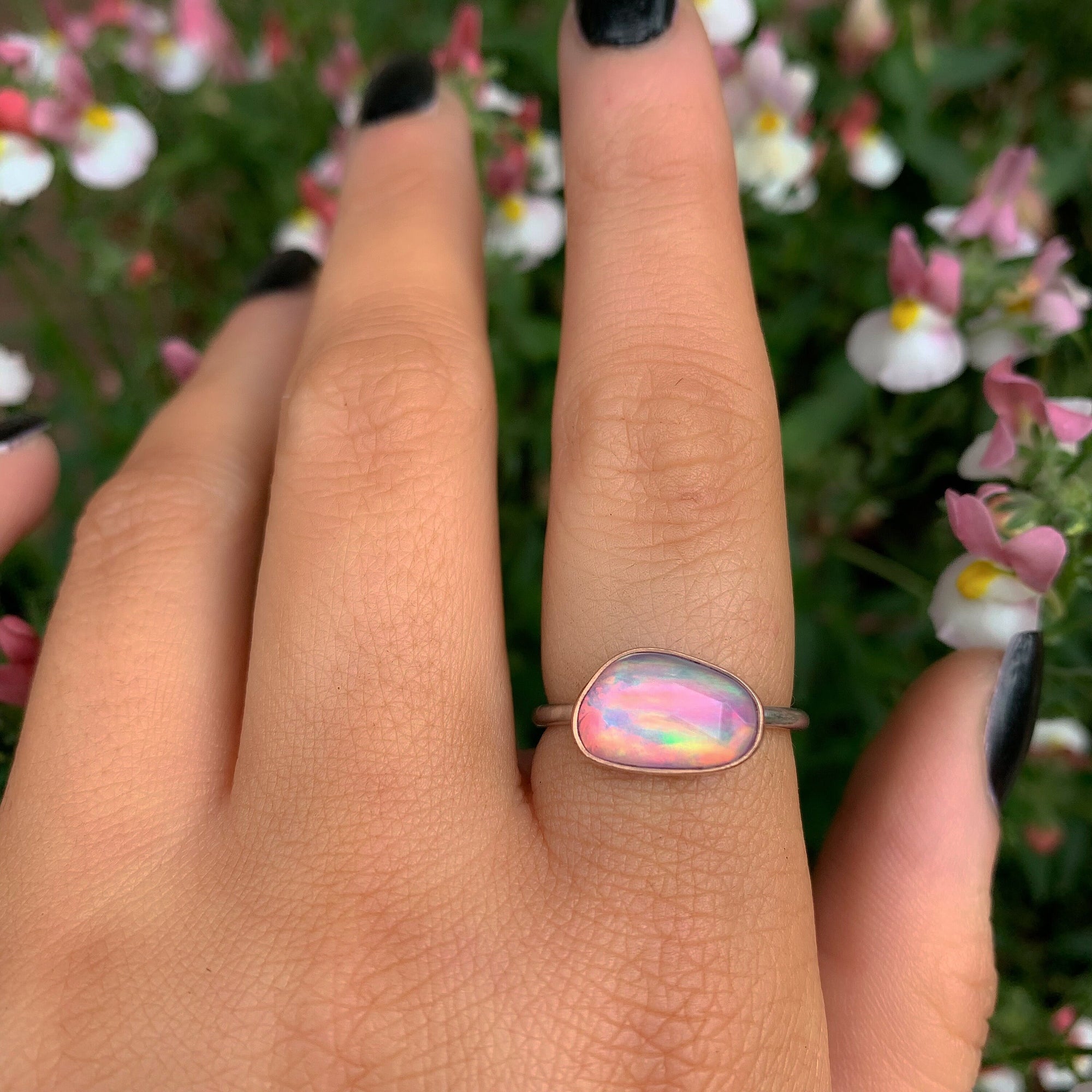 Rose Cut Clear Quartz & Aurora Opal Ring - Size 7 1/2 