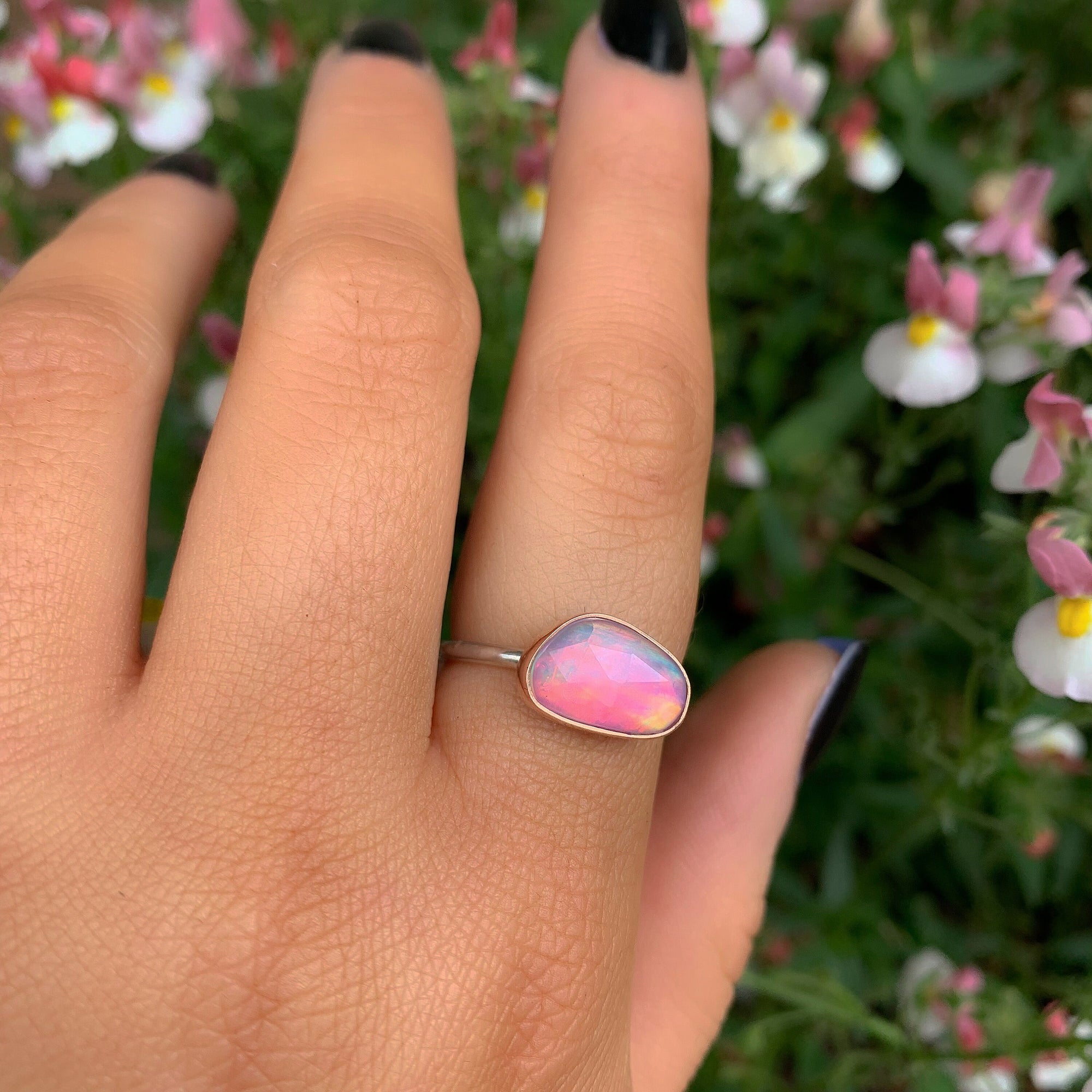 Rose Cut Clear Quartz & Aurora Opal Ring - Size 7 1/2 