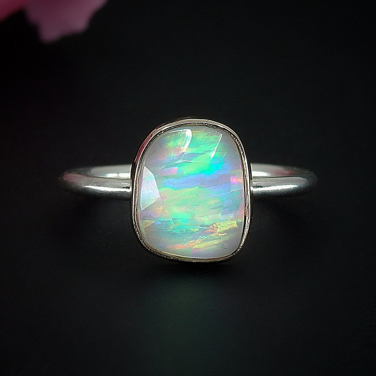 Rose Cut Clear Quartz & Aurora Opal Ring - Size 5 1/2 