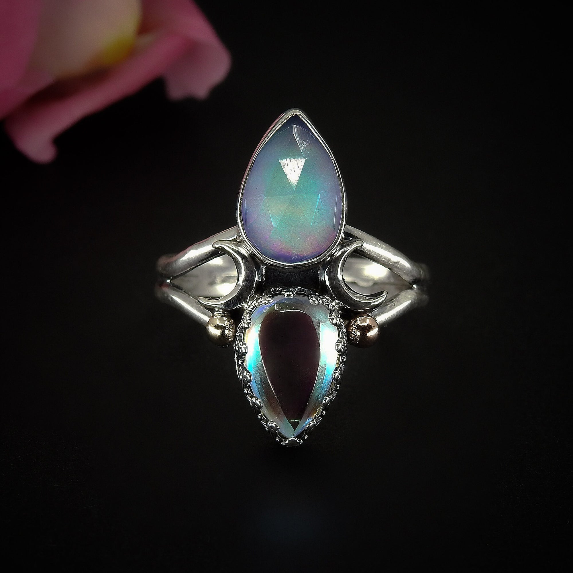 Rose Cut Clear Quartz with Aurora Opal & Angel Aura Quartz Ring - Size 12 1/4 
