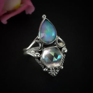 Rose Cut Clear Quartz with Aurora Opal & Angel Aura Quartz Ring - Size 11 1/2 to 11 3/4 