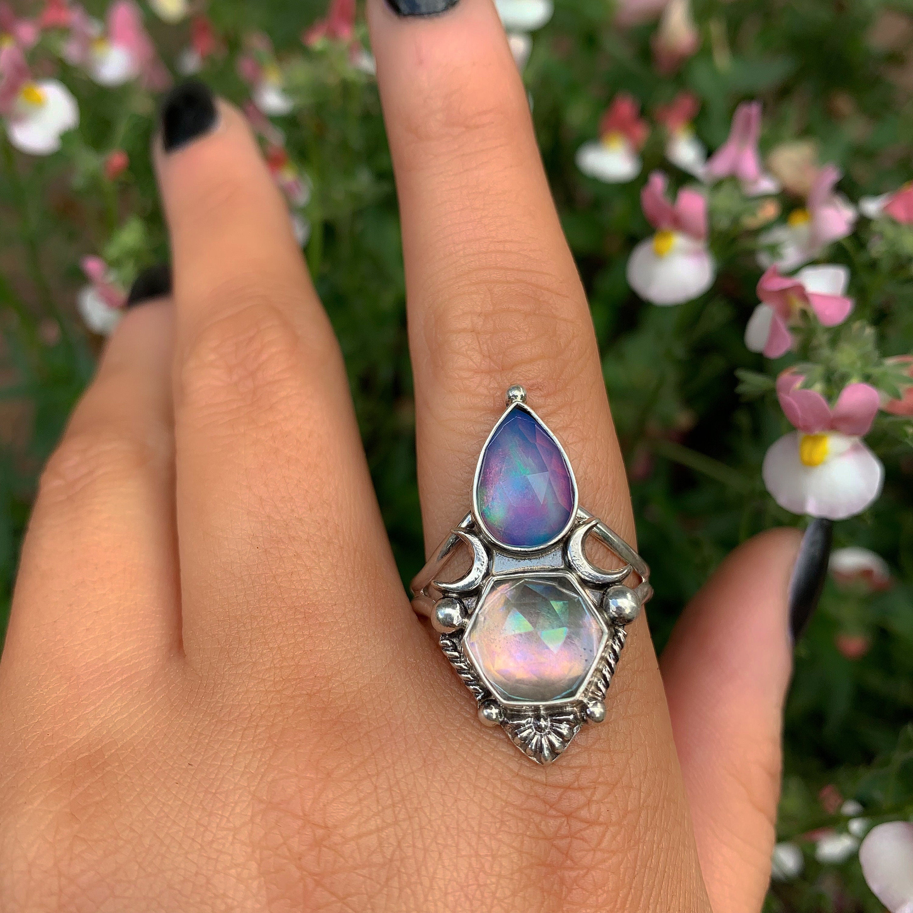 Rose Cut Clear Quartz with Aurora Opal & Angel Aura Quartz Ring - Size 11 1/2 to 11 3/4 