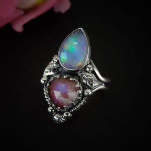 Rose Cut Clear Quartz with Aurora Opal & Rose Cut Moonstone with Red Jasper Ring - Size 9 