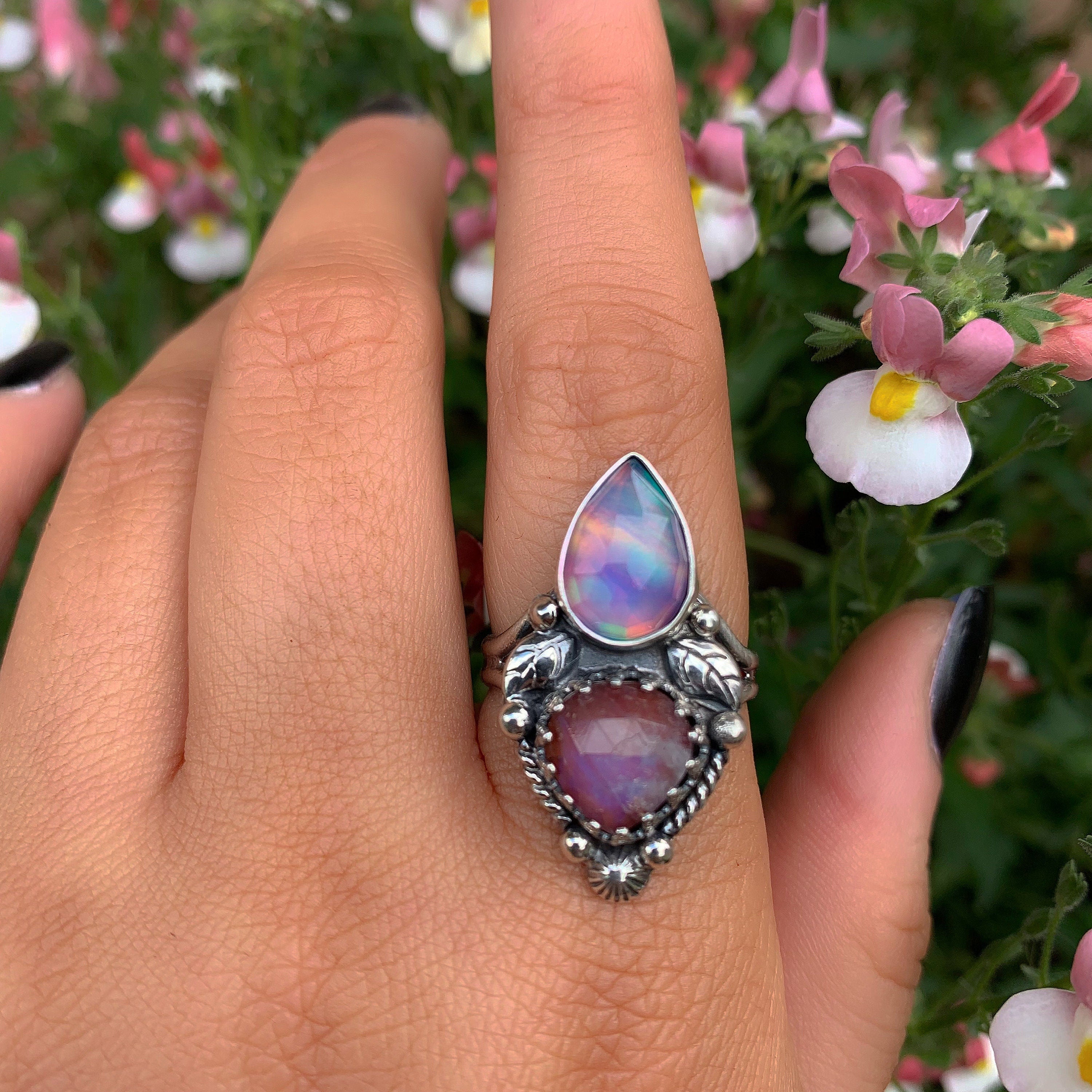 Rose Cut Clear Quartz with Aurora Opal & Rose Cut Moonstone with Red Jasper Ring - Size 9 