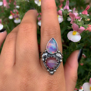 Rose Cut Clear Quartz with Aurora Opal & Rose Cut Moonstone with Red Jasper Ring - Size 9 