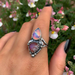 Rose Cut Clear Quartz with Aurora Opal & Rose Cut Moonstone with Red Jasper Ring - Size 9 