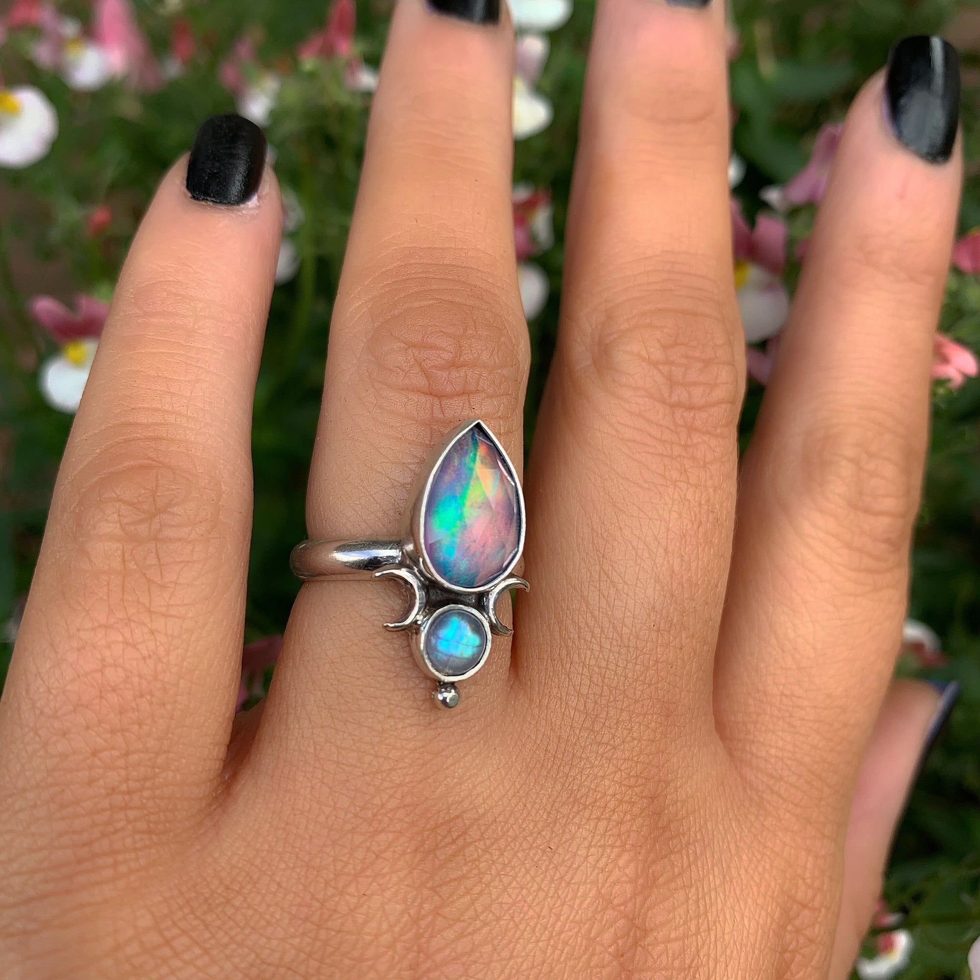 Rose Cut Clear Quartz with Aurora Opal & Moonstone Ring - Size 5 1/2 