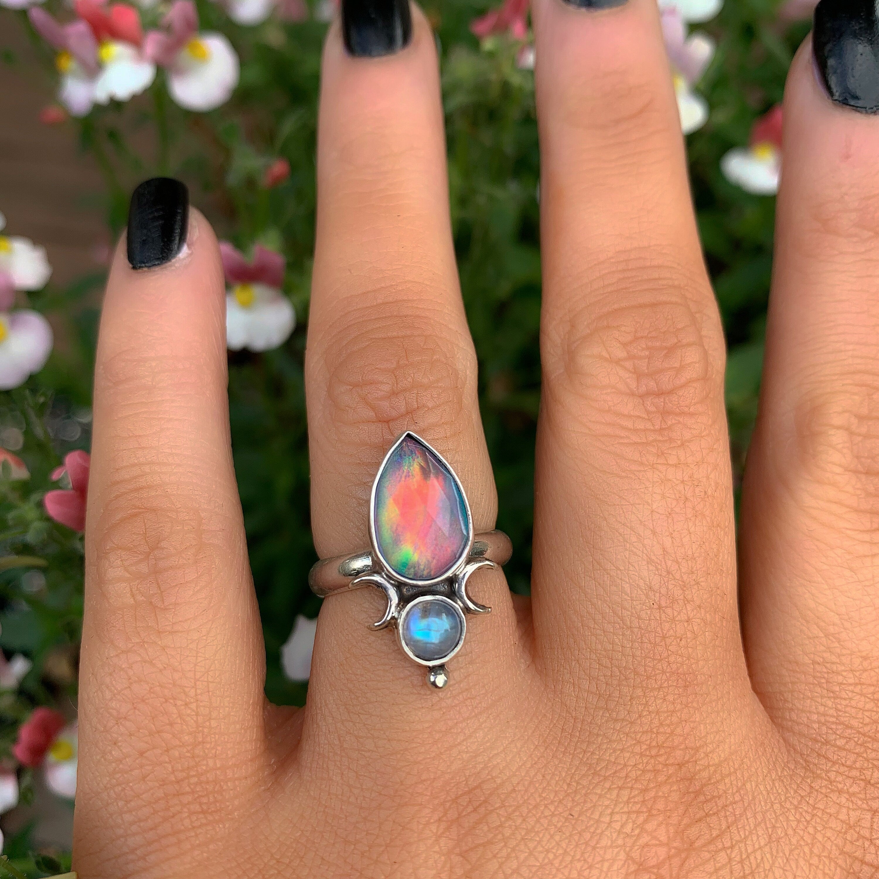 Rose Cut Clear Quartz with Aurora Opal & Moonstone Ring - Size 5 1/2 