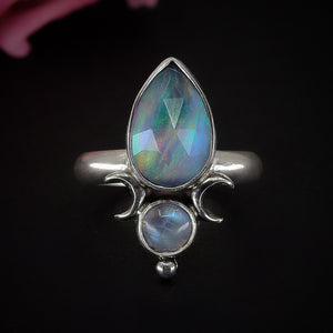 Rose Cut Clear Quartz with Aurora Opal & Moonstone Ring - Size 5 1/2 