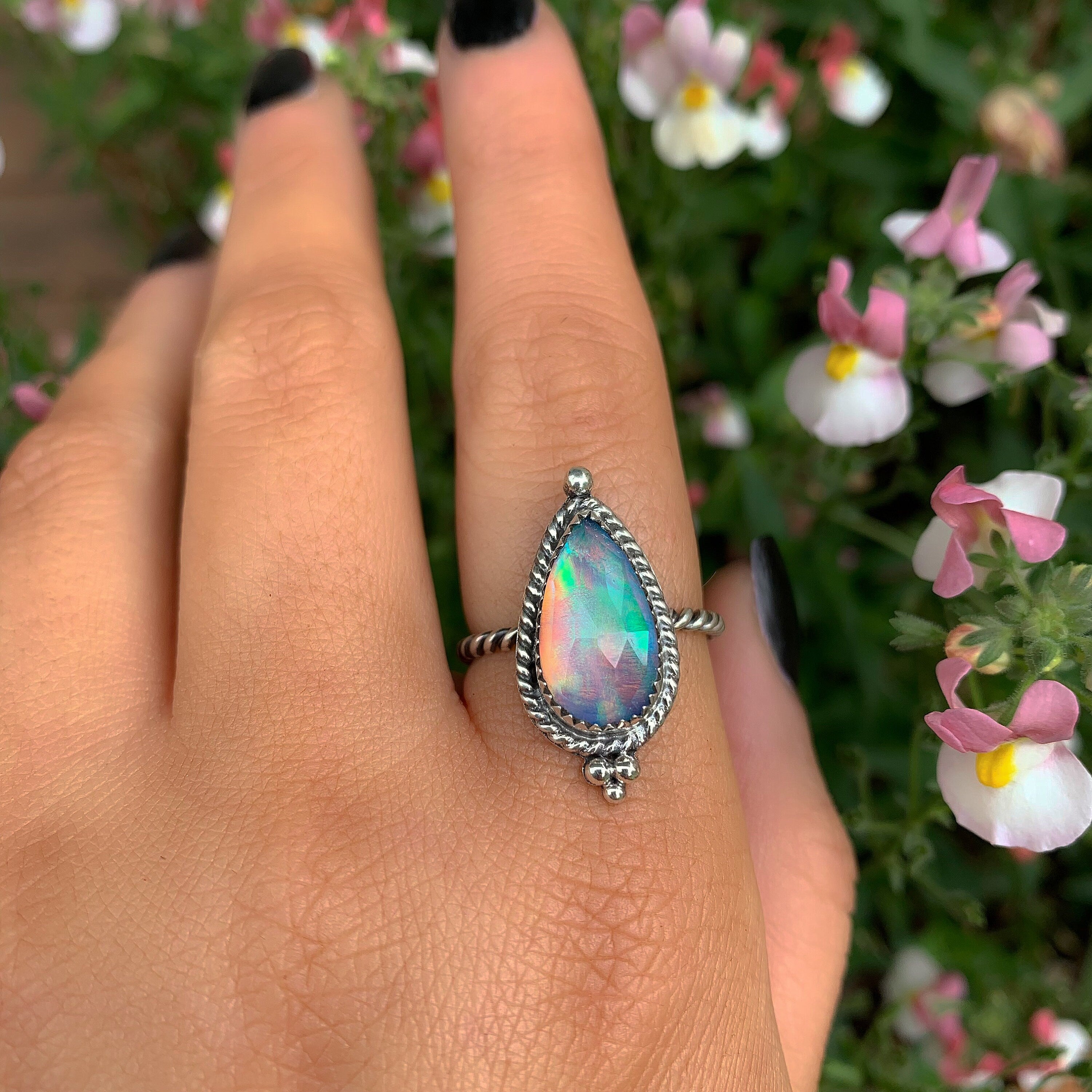 Rose Cut Clear Quartz & Aurora Opal Ring - Size 8 1/4 