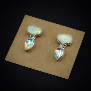 Rose Cut Clear Quartz with Aurora Opal & Angel Aura Quartz Earrings - Sterling Silver 