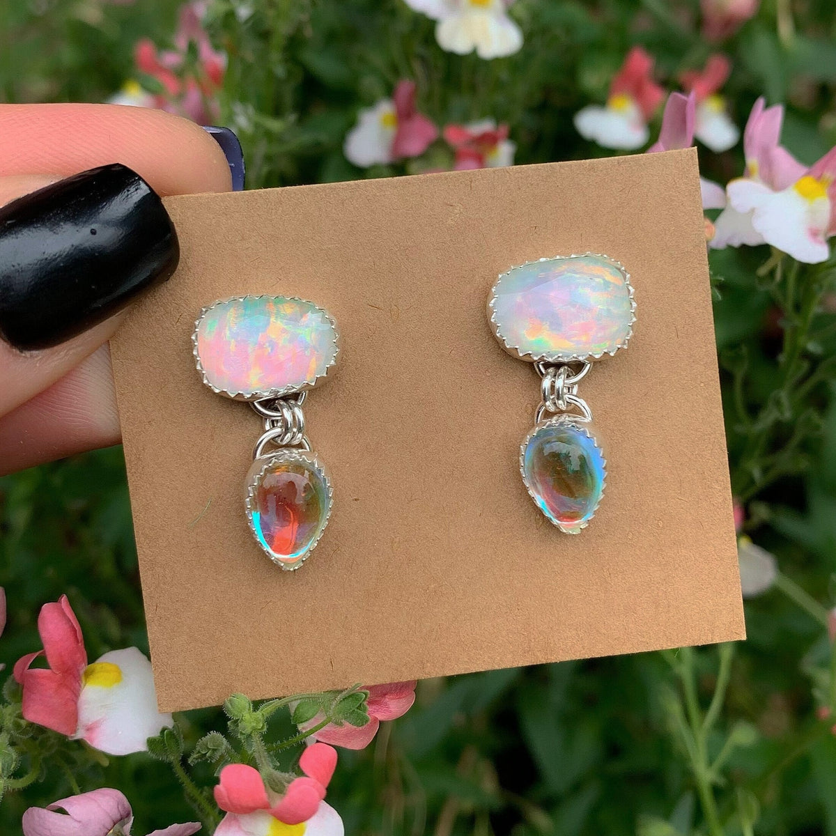 Rose Cut Clear Quartz with Aurora Opal & Angel Aura Quartz Earrings - Sterling Silver 