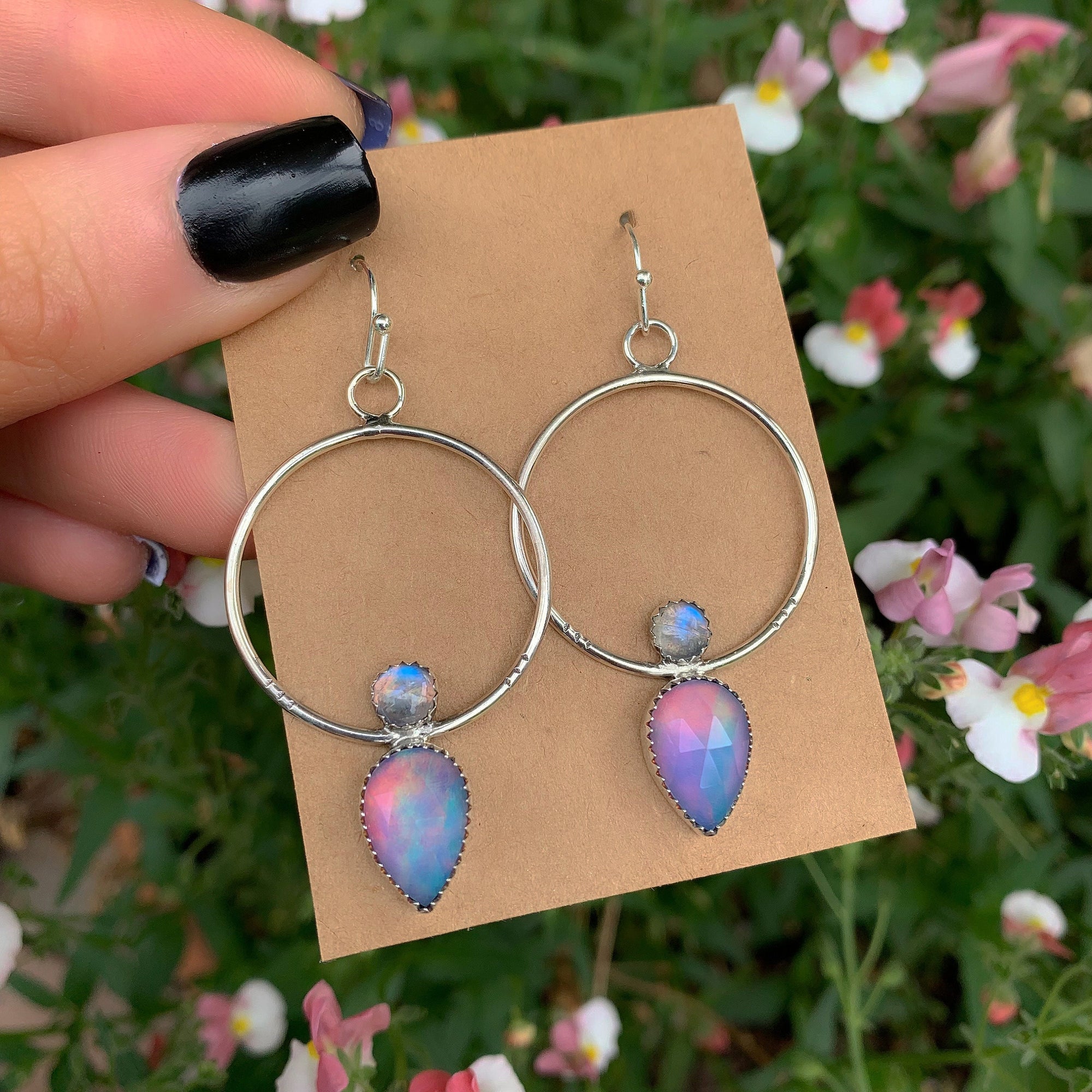 Rose Cut Clear Quartz with Aurora Opal & Moonstone Earrings - Sterling Silver 