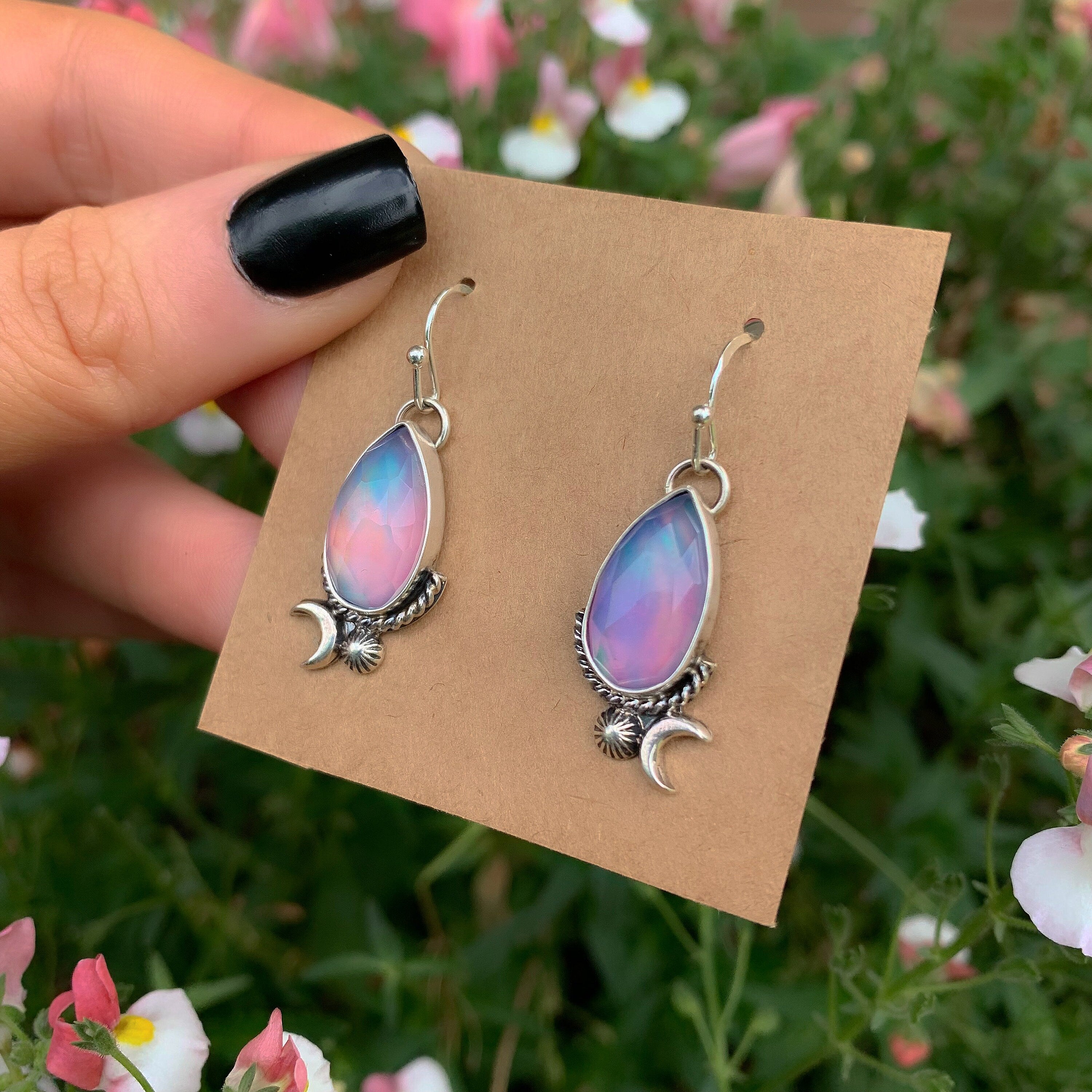 Rose Cut Clear Quartz with Aurora Opal Earrings - Sterling Silver, Pastel Rainbow Opal Crescent Moon Earrings, Rainbow Crystal Stone Dangles