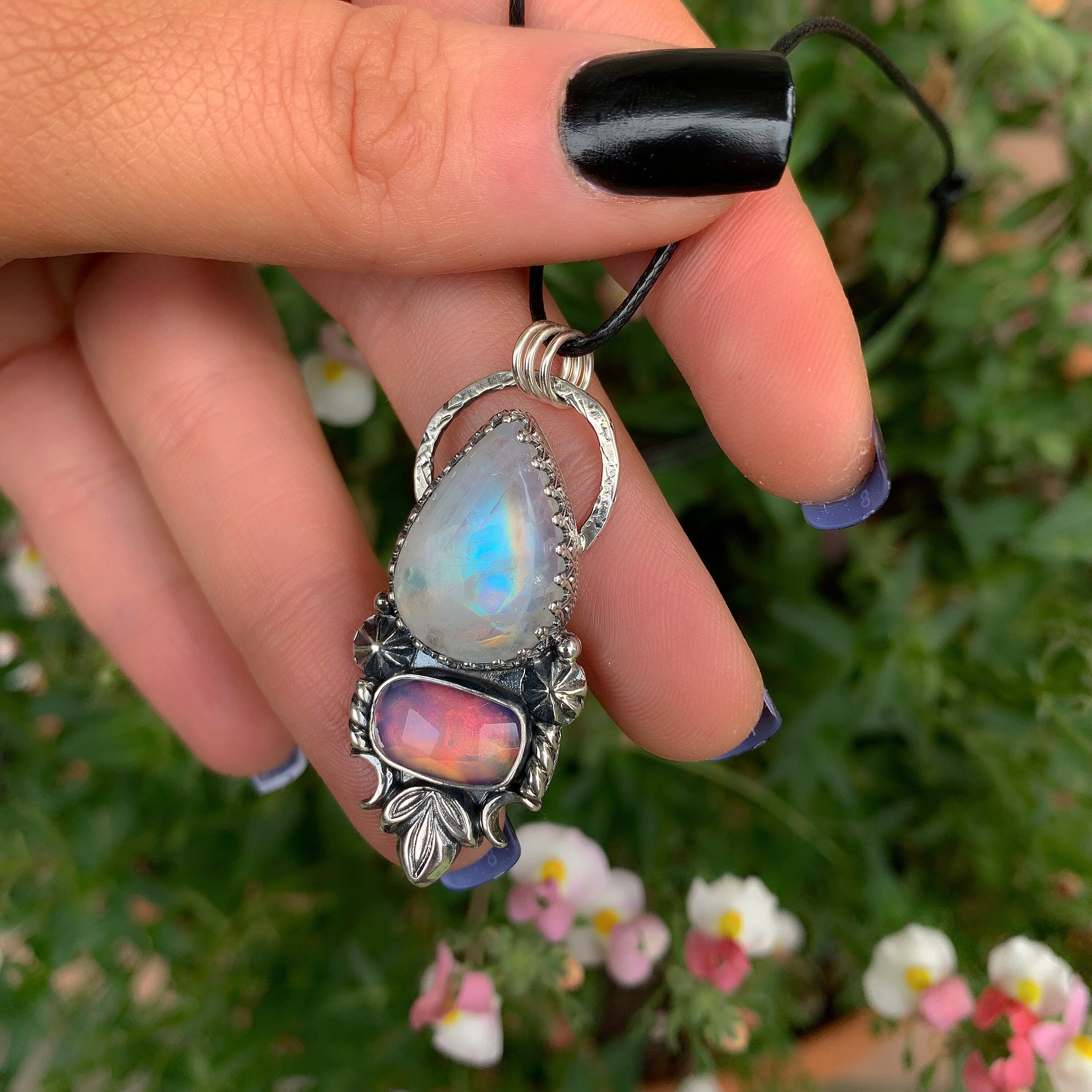 Moonstone & Rose Cut Clear Quartz with Aurora Opal Pendant - Sterling Silver 