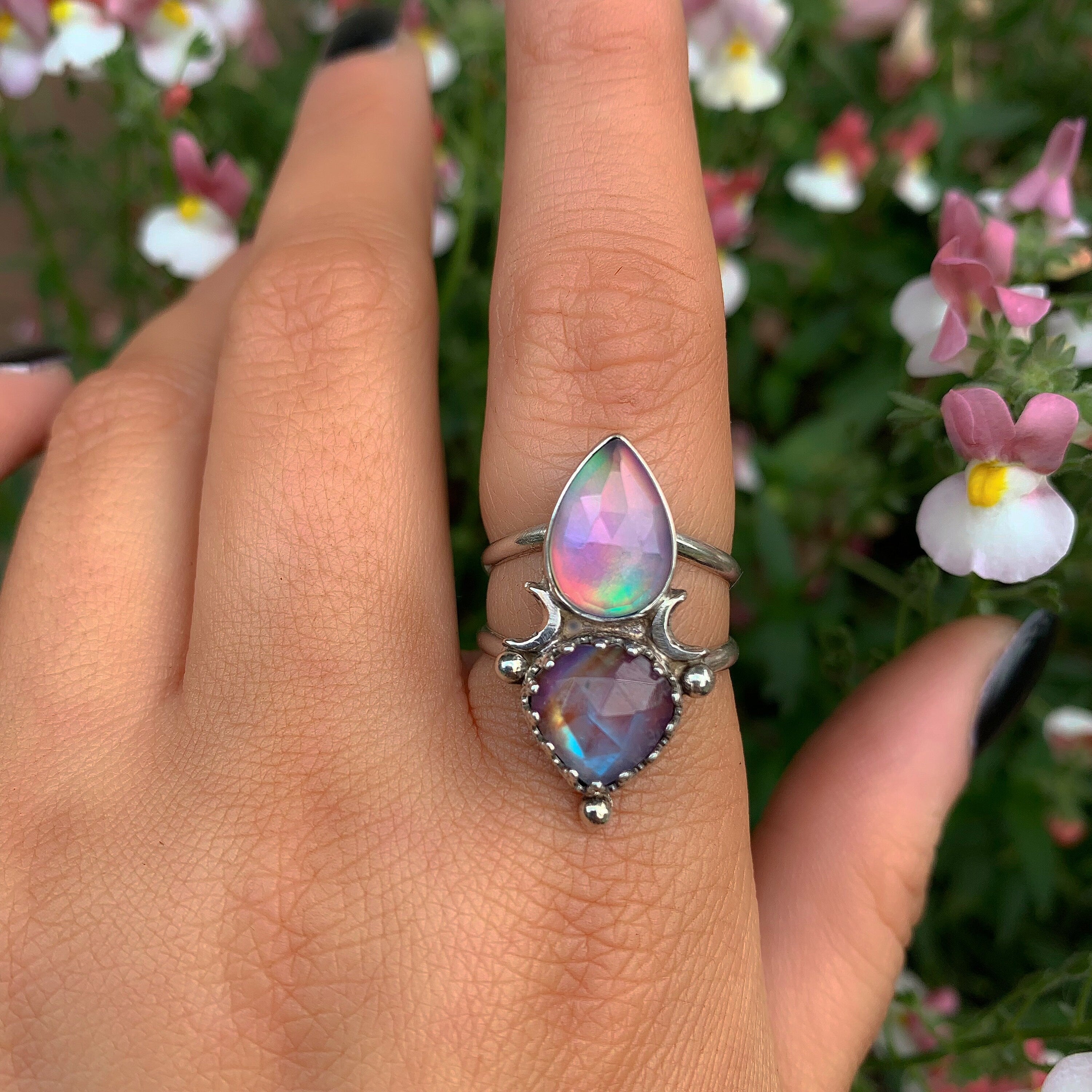 Rose Cut Clear Quartz with Aurora Opal & Rose Cut Moonstone with Red Jasper - Size 8 