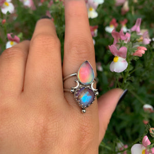 Rose Cut Clear Quartz with Aurora Opal & Rose Cut Moonstone with Red Jasper - Size 8 