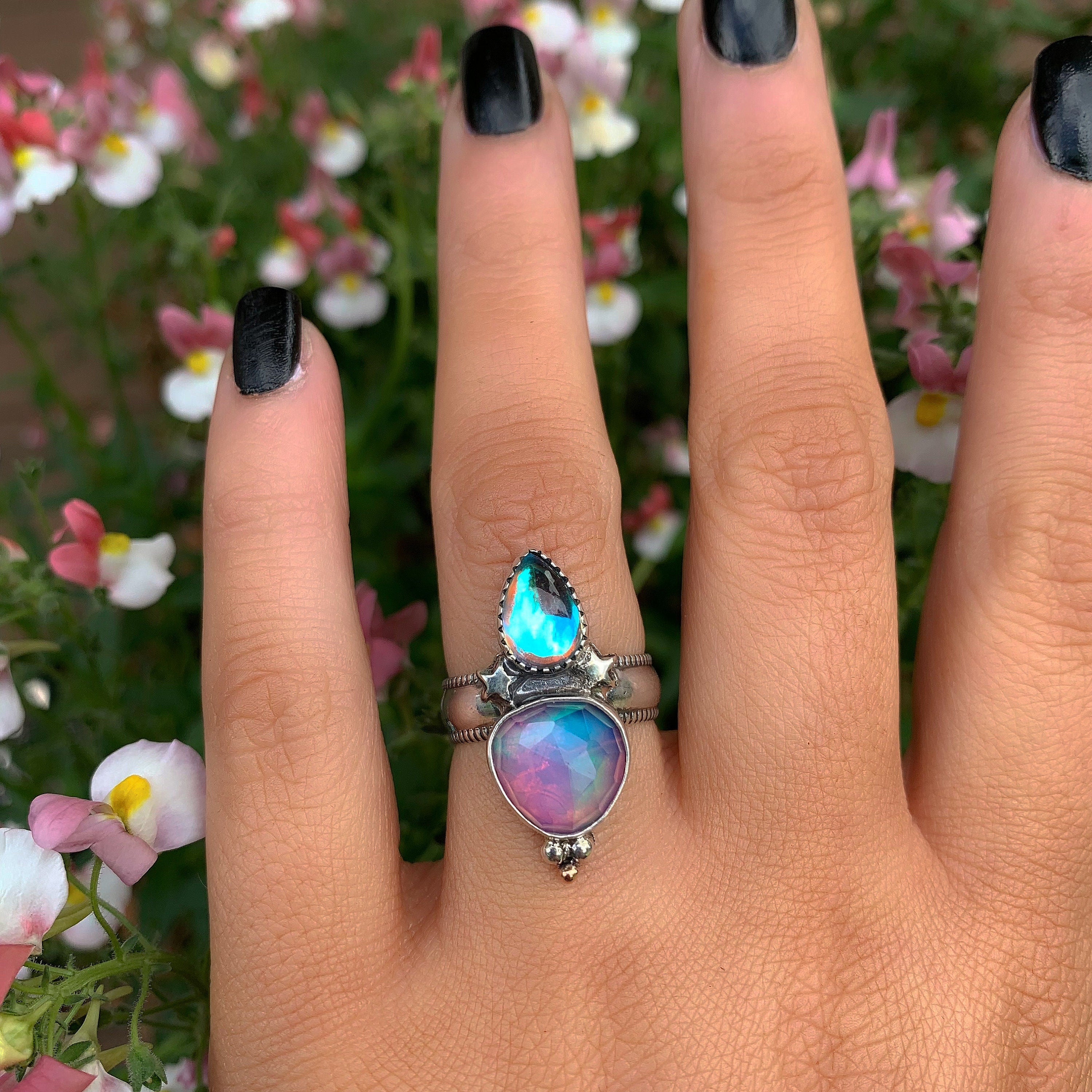 Rose Cut Clear Quartz with Aurora Opal & Angel Aura Quartz Ring - Size 6 1/4 to 6 1/2 