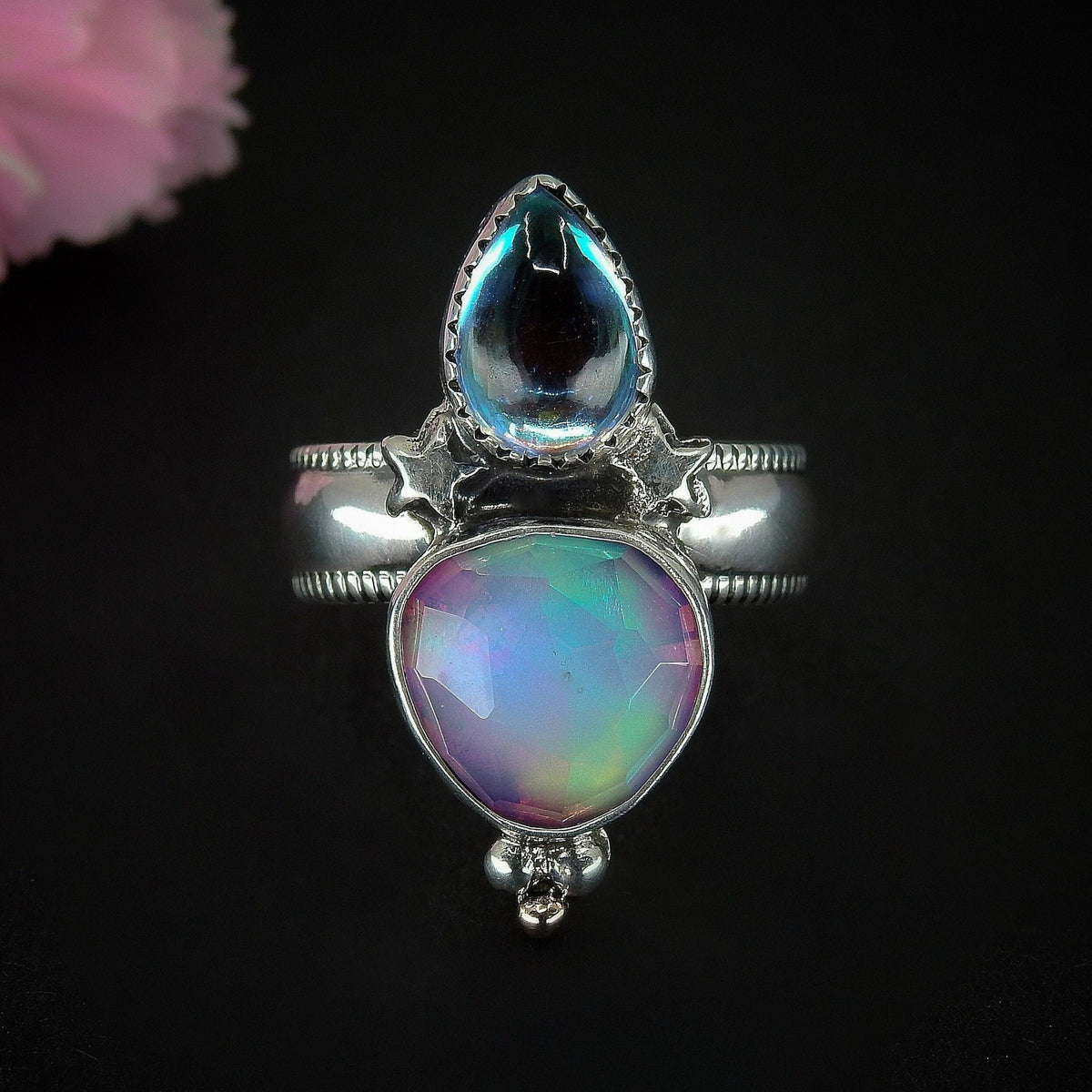 Rose Cut Clear Quartz with Aurora Opal & Angel Aura Quartz Ring - Size 6 1/4 to 6 1/2 