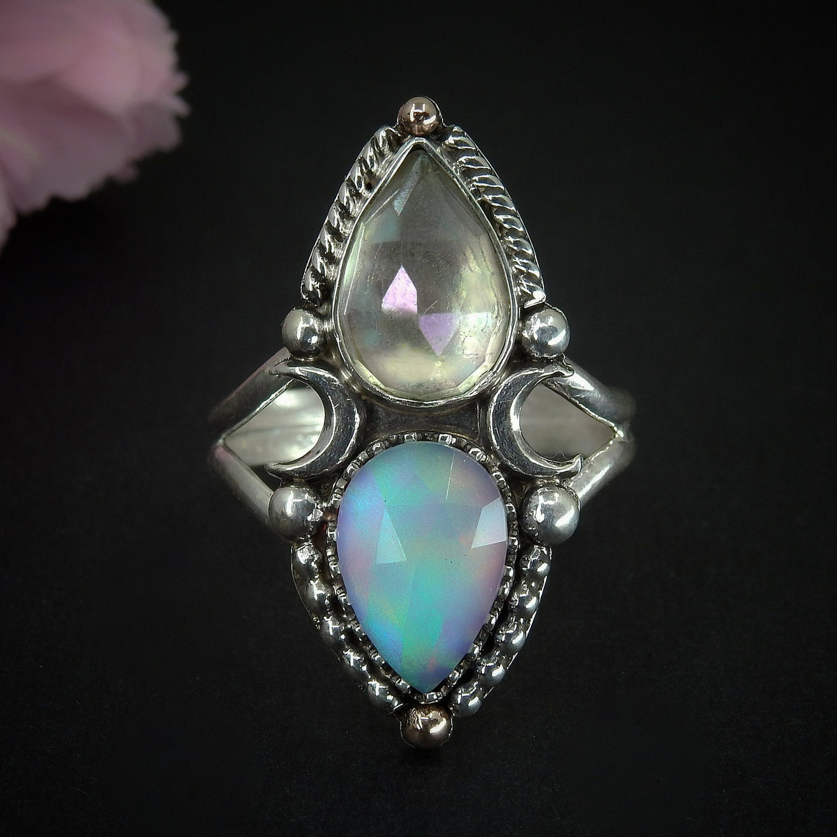 Rose Cut Clear Quartz with Aurora Opal & Angel Aura Quartz Ring - 10 