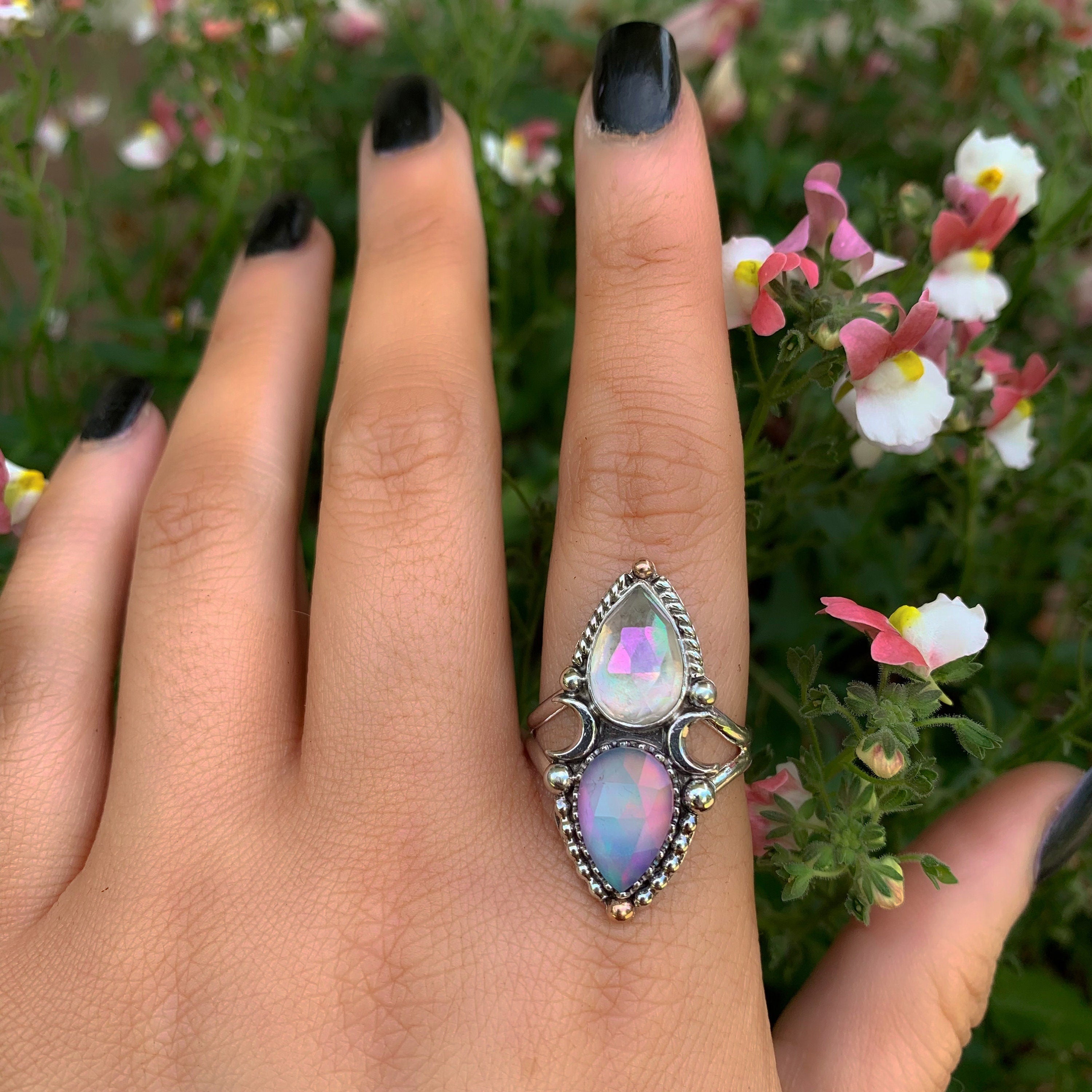 Rose Cut Clear Quartz with Aurora Opal & Angel Aura Quartz Ring - 10 