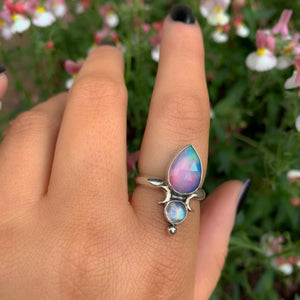 Rose Cut Clear Quartz with Aurora Opal & Moonstone Ring - Size 7 1/4 