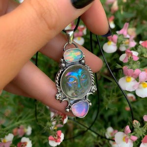 Rose Cut Clear Quartz with Aurora Opal & Angel Aura Quartz Pendant - Sterling Silver 