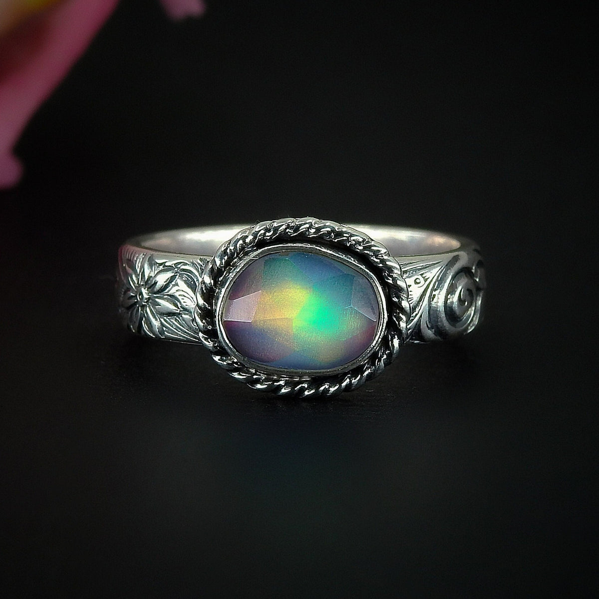 Rose Cut Clear Quartz & Aurora Opal Ring - Size 8 1/4 