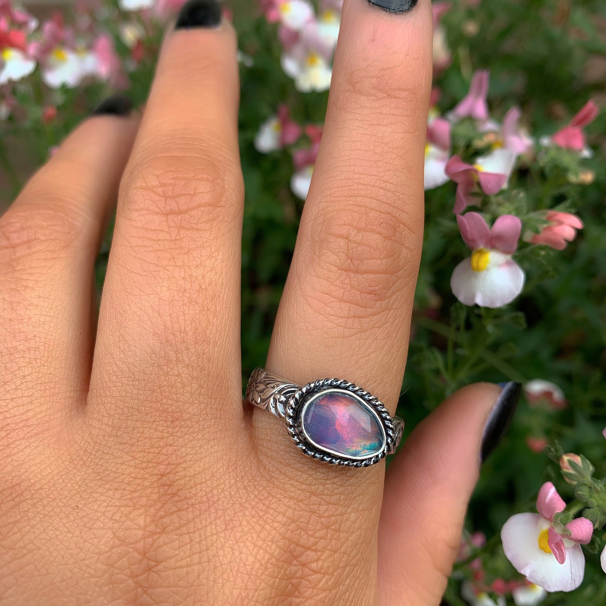 Rose Cut Clear Quartz & Aurora Opal Ring - Size 10 to 10 1/4 