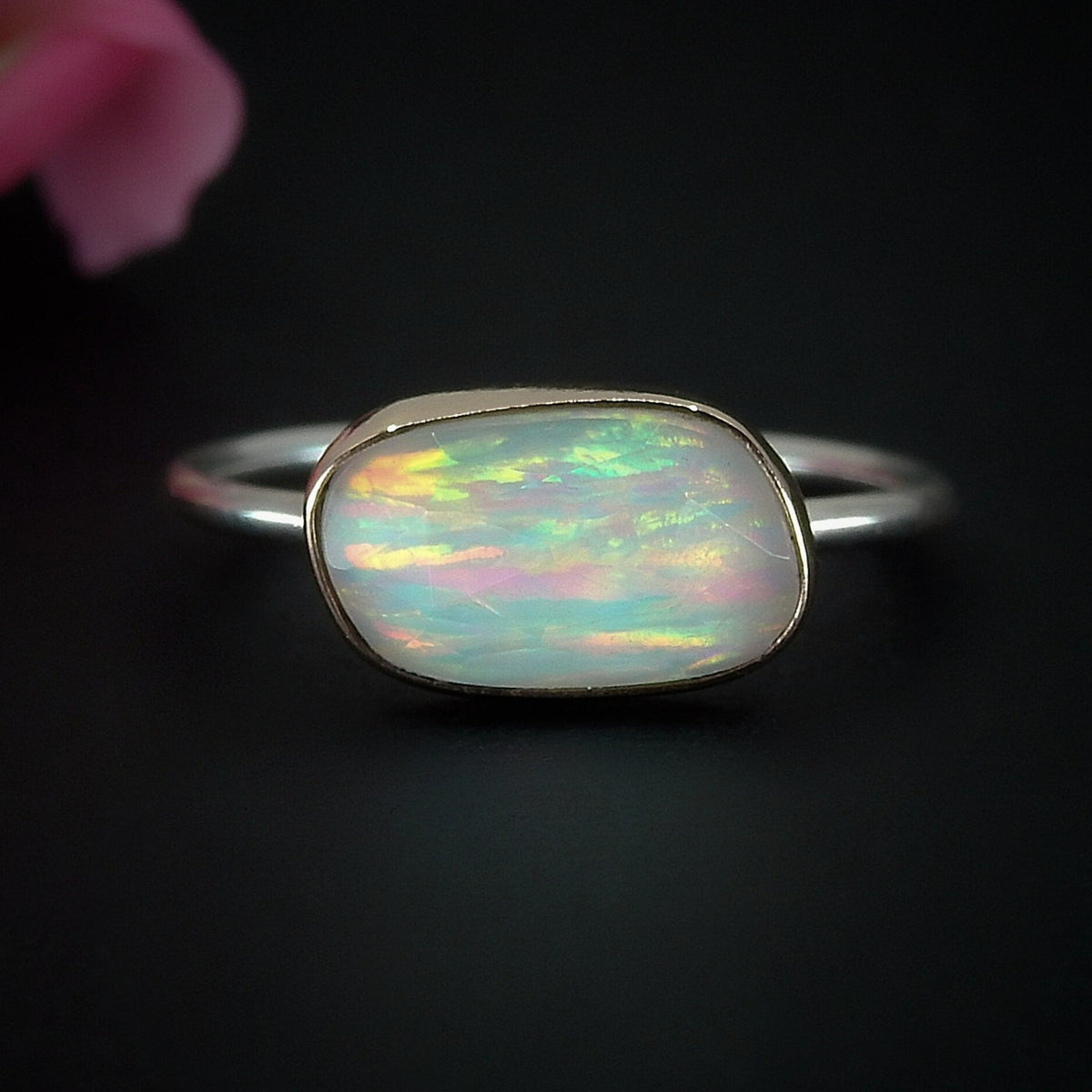 Rose Cut Clear Quartz & Aurora Opal Ring - Size 11 1/2 