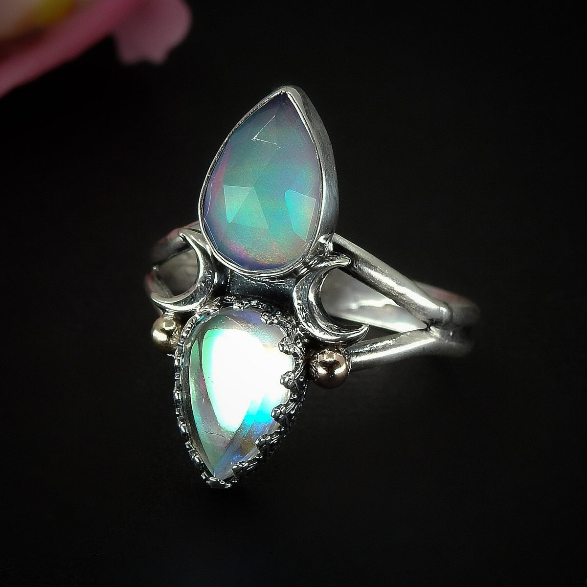 Rose Cut Clear Quartz with Aurora Opal & Angel Aura Quartz Ring - Size 12 1/4 