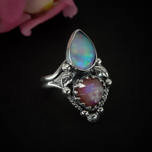 Rose Cut Clear Quartz with Aurora Opal & Rose Cut Moonstone with Red Jasper Ring - Size 9 