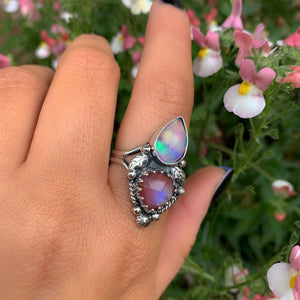 Rose Cut Clear Quartz with Aurora Opal & Rose Cut Moonstone with Red Jasper Ring - Size 9 