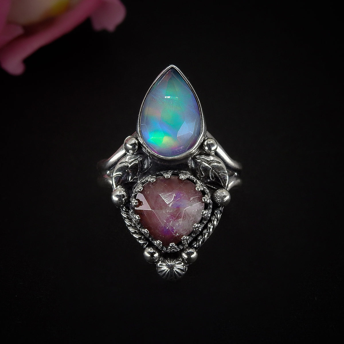 Rose Cut Clear Quartz with Aurora Opal & Rose Cut Moonstone with Red Jasper Ring - Size 9 